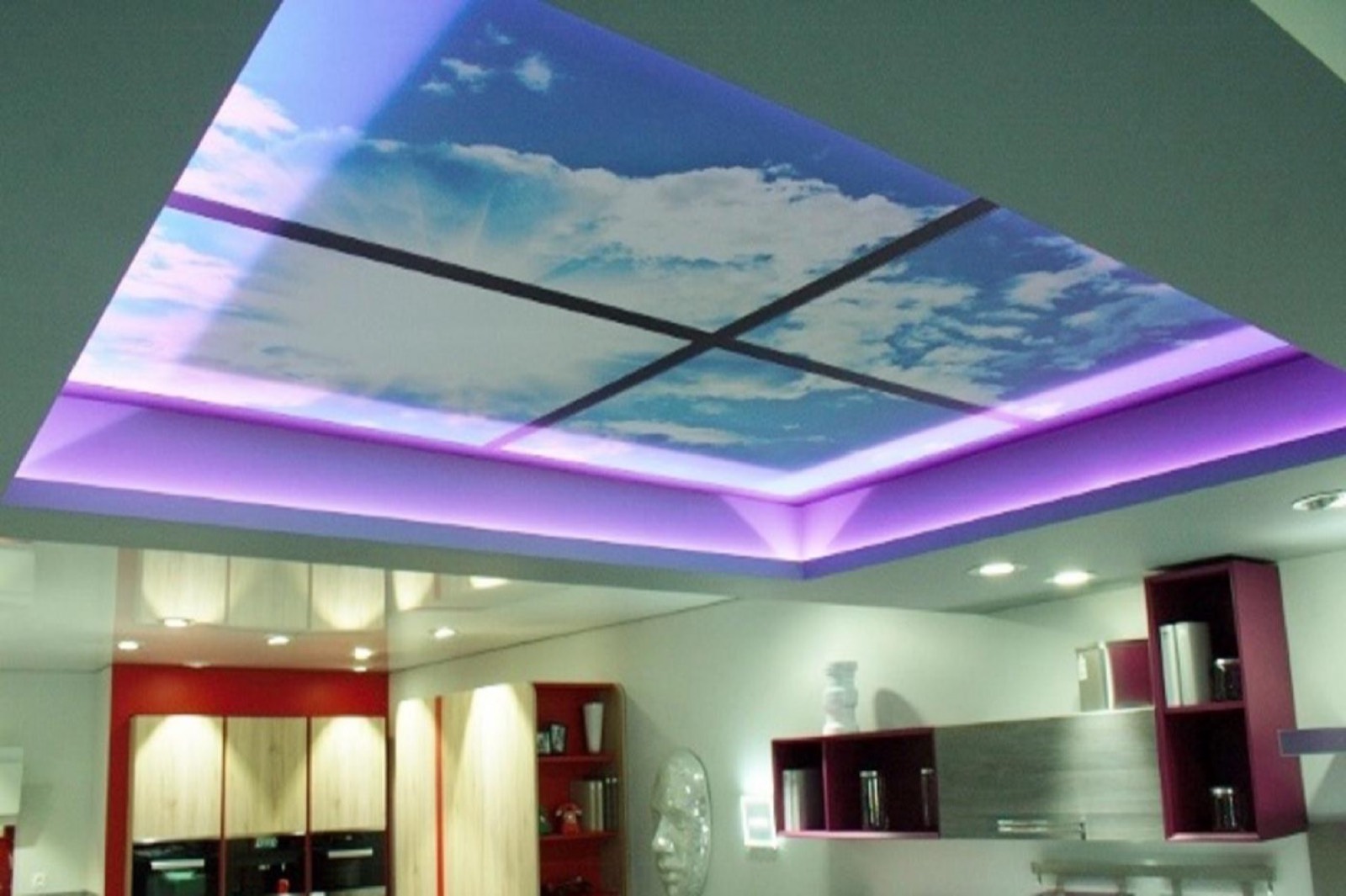 Plafond tendu imprimé ciel avec LED